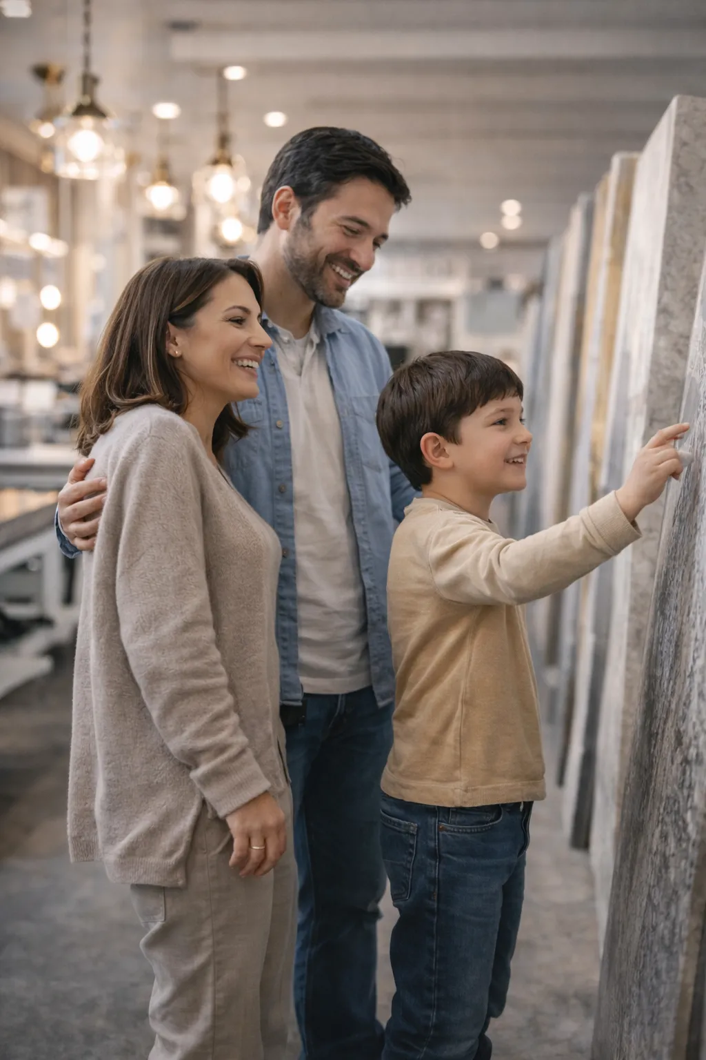 Family comparing quartz and granite countertop slabs at showroom while planning kitchen remodel upgrade.
